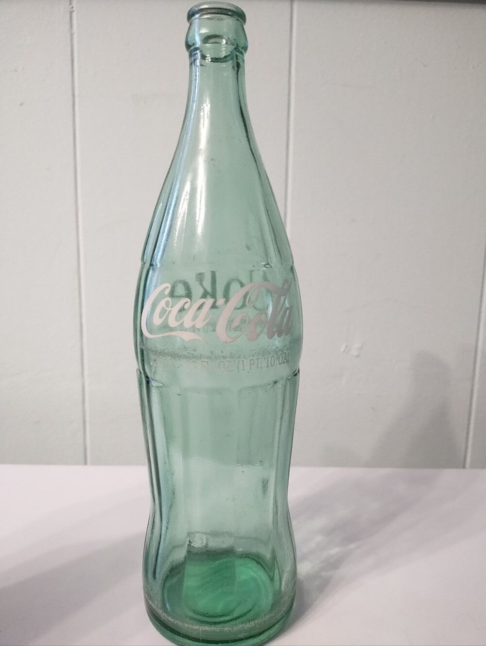 Vintage 26 Ounce Coca Cola Aqua-Green Contour Embossed Glass Bottle